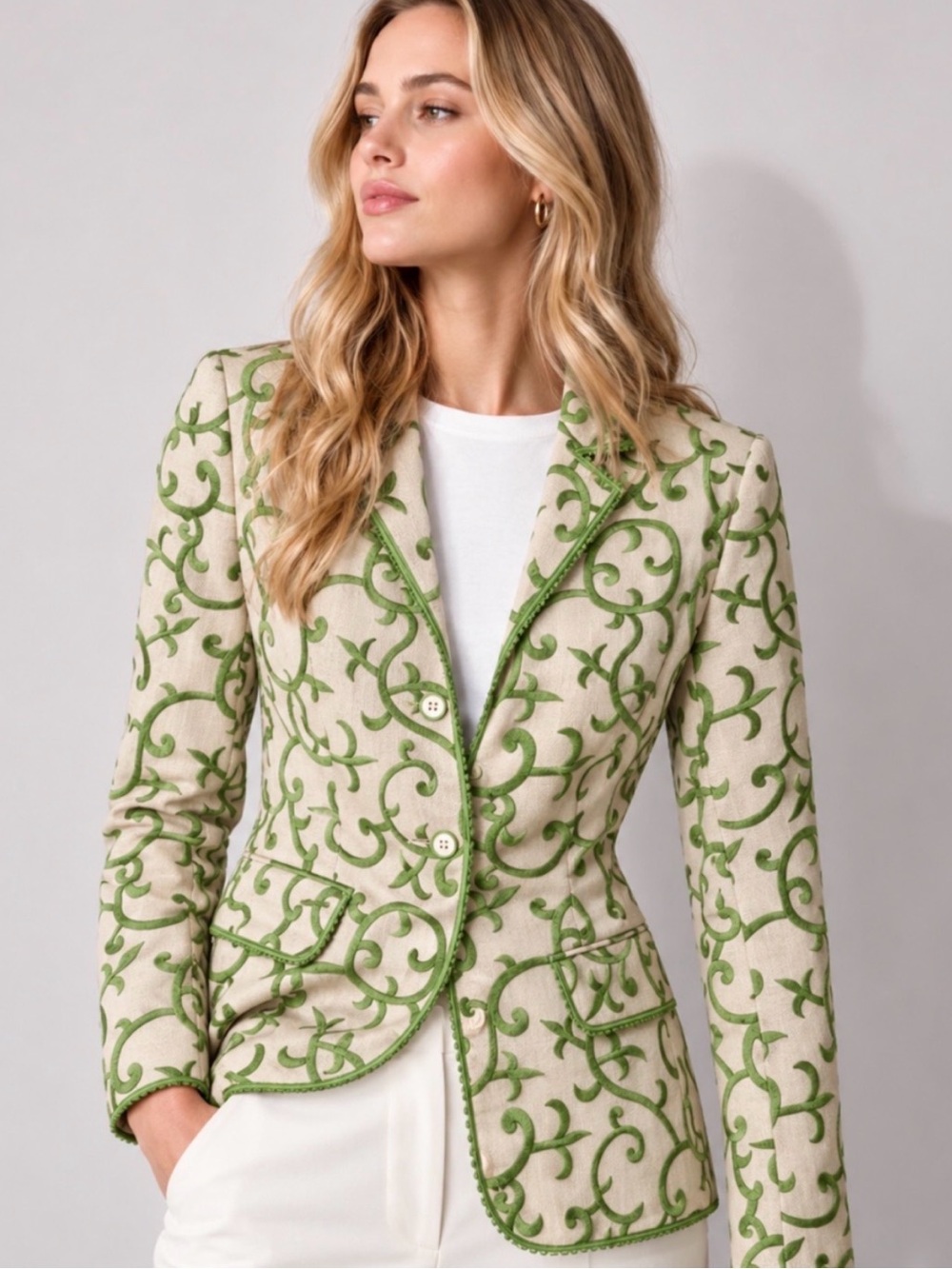 Vintage TOMMY Hilfiger Floral Vines Embroidered Linen Blazer Jacket Size 8